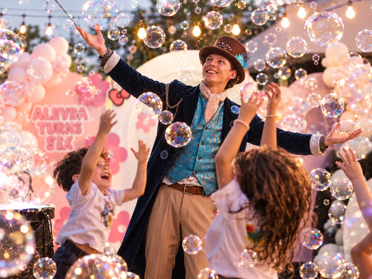 Danny Bubbles spreads his arms as children reach for soap bubbles during a birthday performance.